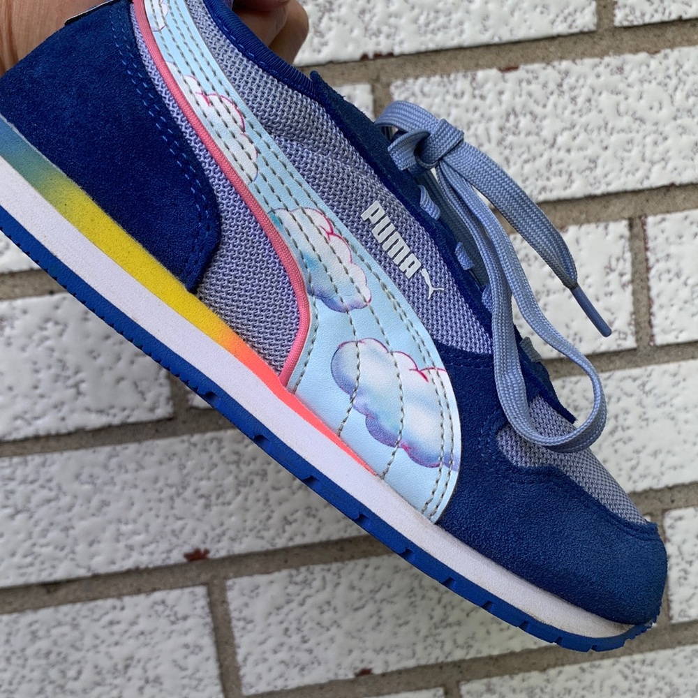 Puma Kids Navy & Light Blue Suede Sneaker with Rainbow Midsole